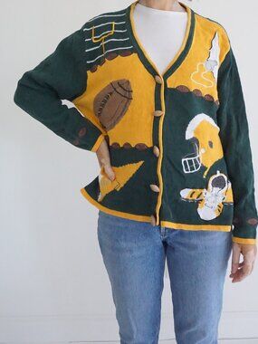 Vintage Christopher Banks Green Gold Football Helmet Touchdown Sport Cardigan M
